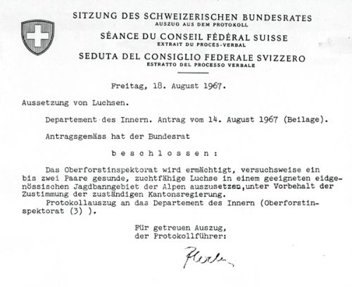 Bundesratsbeschluss über die Wiederansiedlung des Luchses in der Schweiz
